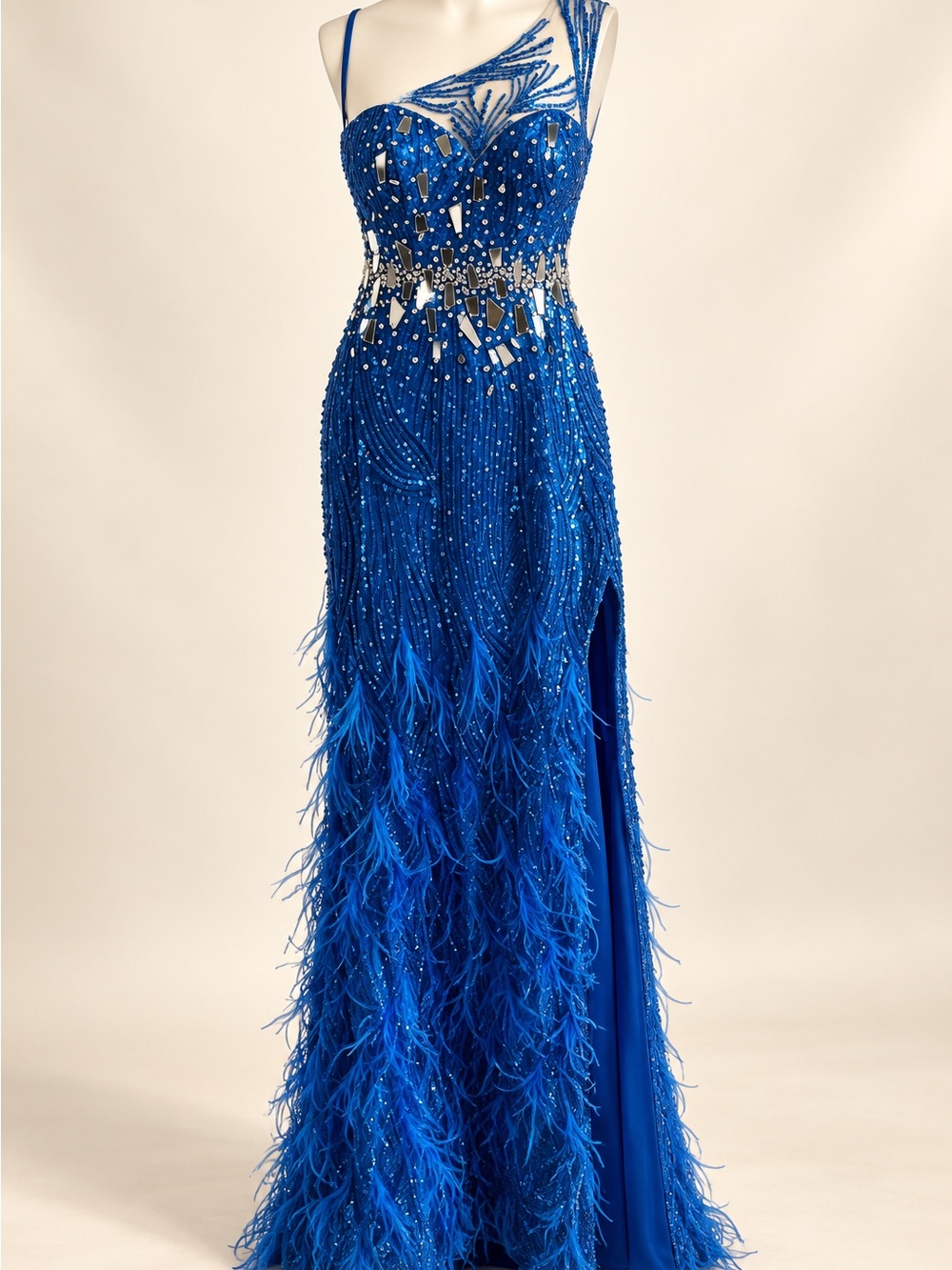 Portia and Scarlett Electric Blue Beaded Feather Prom Gown